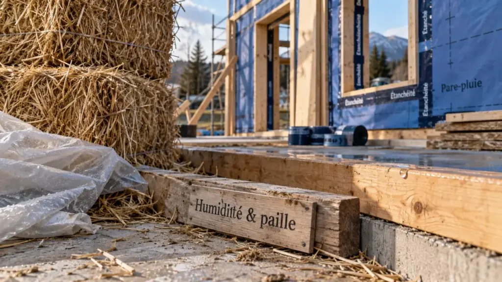 Maison en paille : bottes de paille et humidité sur chantier