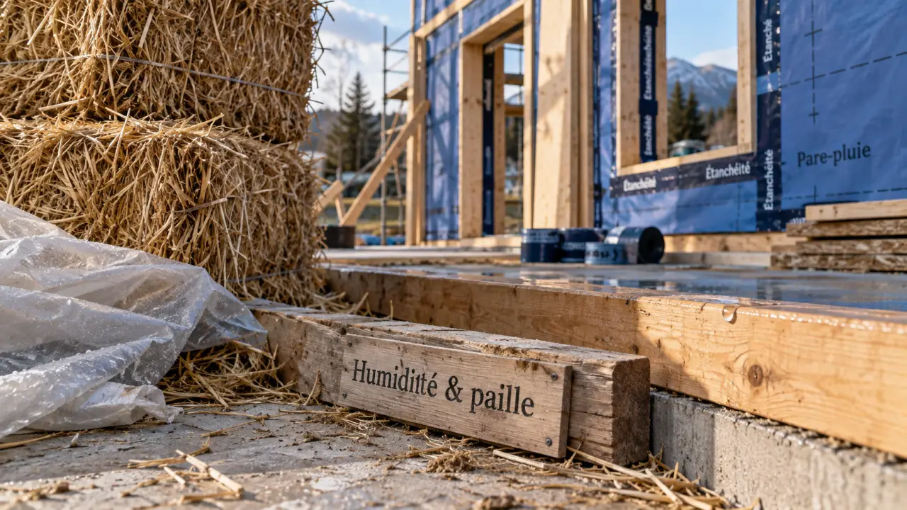 Maison en paille : bottes de paille et humidité sur chantier