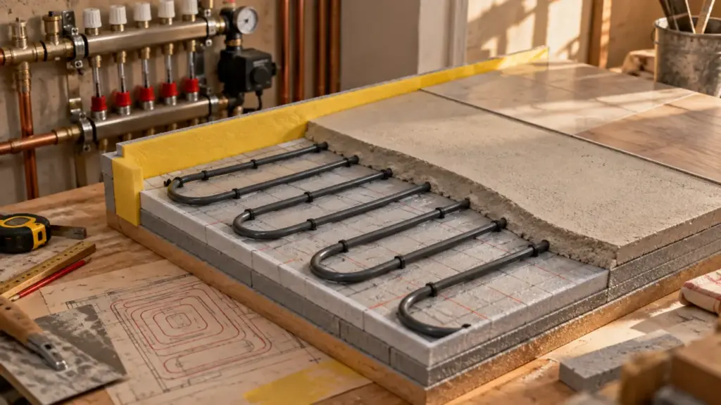Plancher chauffant schema : circuit et couches sous la chape