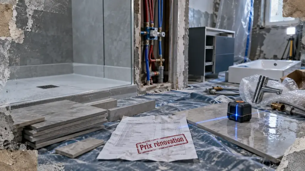 Prix renovation salle de bain : chantier de douche à l’italienne en cours
