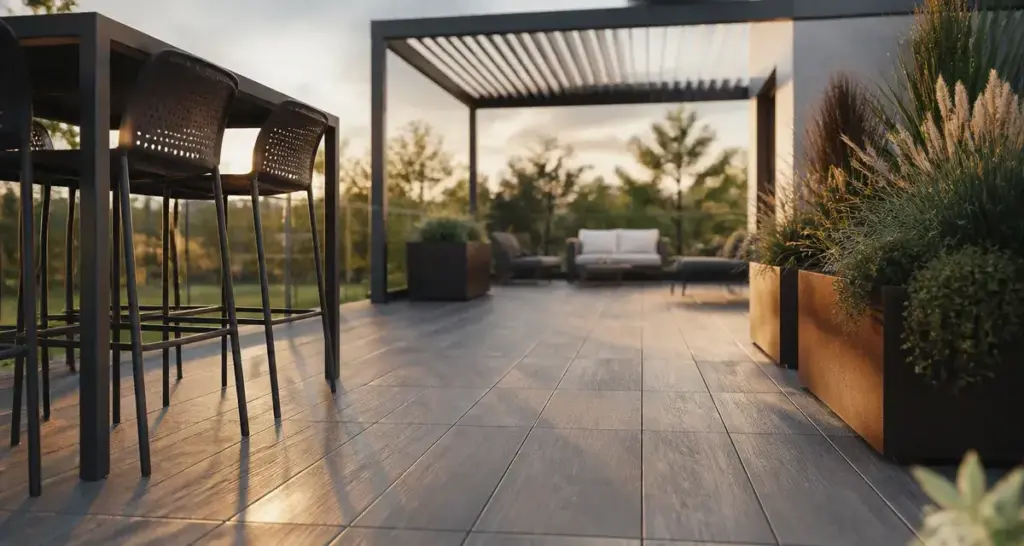 Terrasse maison moderne avec grès cérame imitation bois et pergola bioclimatique