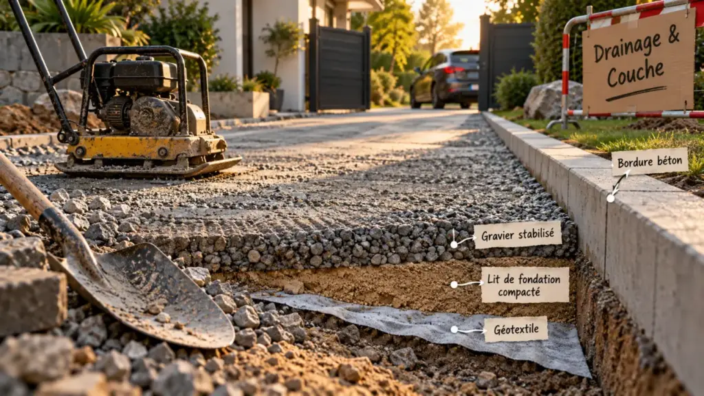 Aménagement d allée de garage durable : couches sous revêtement, géotextile et gravier stabilisé