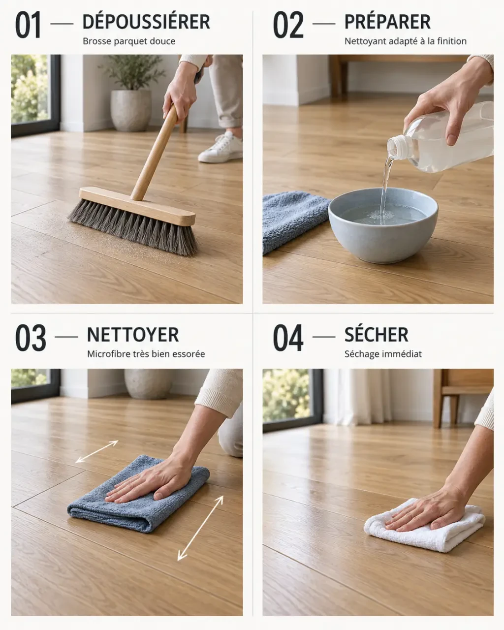 Étapes du nettoyage d’un parquet avec dépoussiérage, microfibre essorée et séchage