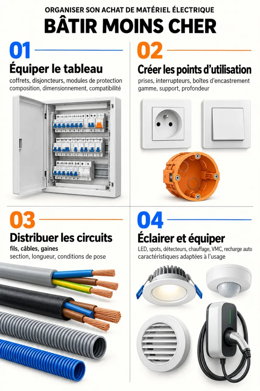 Infographie pour bâtir moins cher : organiser le matériel électrique par usage et vérifier les compatibilités