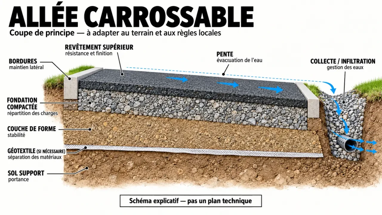 Une allée de garage durable se prépare sous le revêtement 4 Schéma simplifié des couches d’une allée de garage carrossable et de son drainage