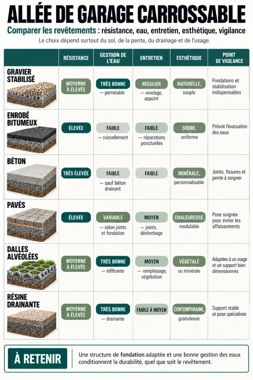 Une allée de garage durable se prépare sous le revêtement 3 Infographie comparative pour l’aménagement d’une allée de garage carrossable