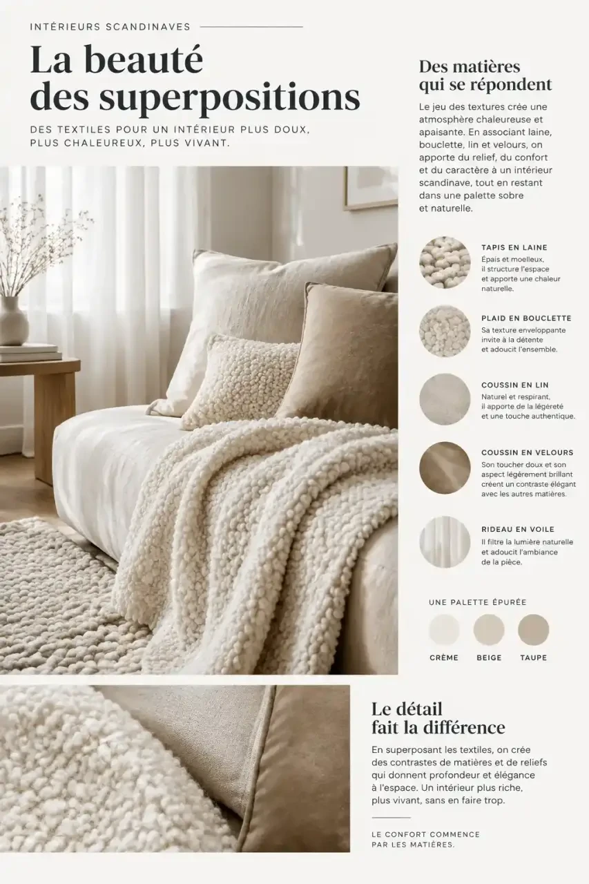 Déco scandinave cocooning : un salon épuré qui reste chaleureux, sans tomber dans le froid 4 Superposition des textiles en déco scandinave cocooning : laine, bouclette, lin et velours dans une même gamme de couleurs