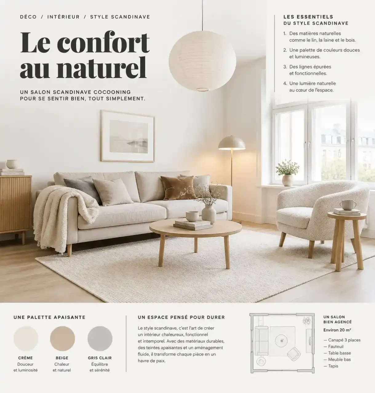 Déco scandinave cocooning : un salon épuré qui reste chaleureux, sans tomber dans le froid 3 Déco scandinave cocooning : salon clair avec canapé beige, tapis en laine, plaids en bouclette et lumière tamisée