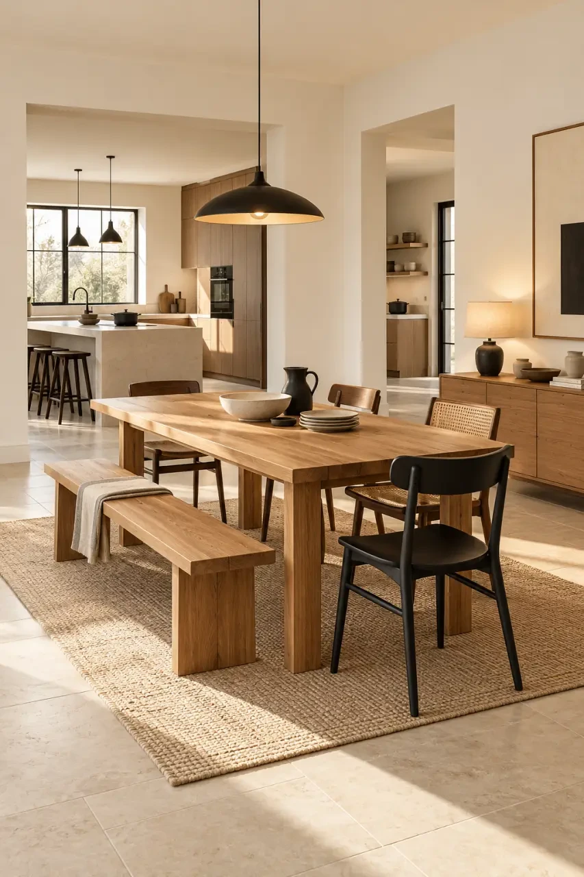Déco maison de famille : du caractère sans accumuler les meubles anciens 4 Déco maison de famille dans une salle à manger conviviale avec table en bois et circulation fluide