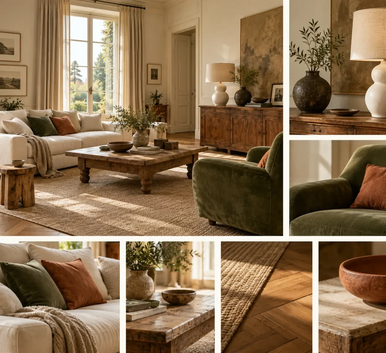 Déco maison de famille : du caractère sans accumuler les meubles anciens 5 Déco maison de famille dans un salon chaleureux avec bois, lin, velours et objets personnels