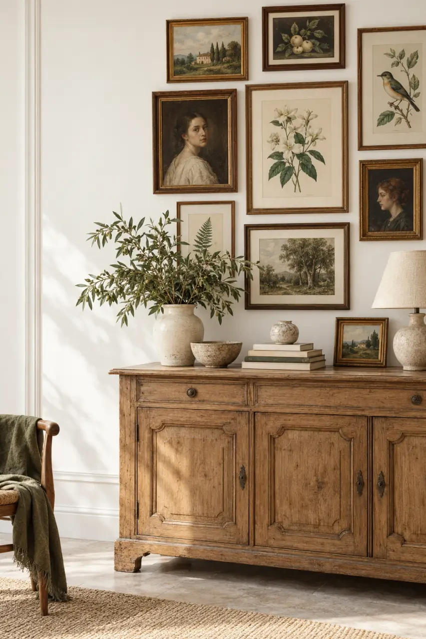 Déco maison de famille : du caractère sans accumuler les meubles anciens 3 Déco maison de famille avec mur de cadres, buffet en bois, lampe et souvenirs personnels