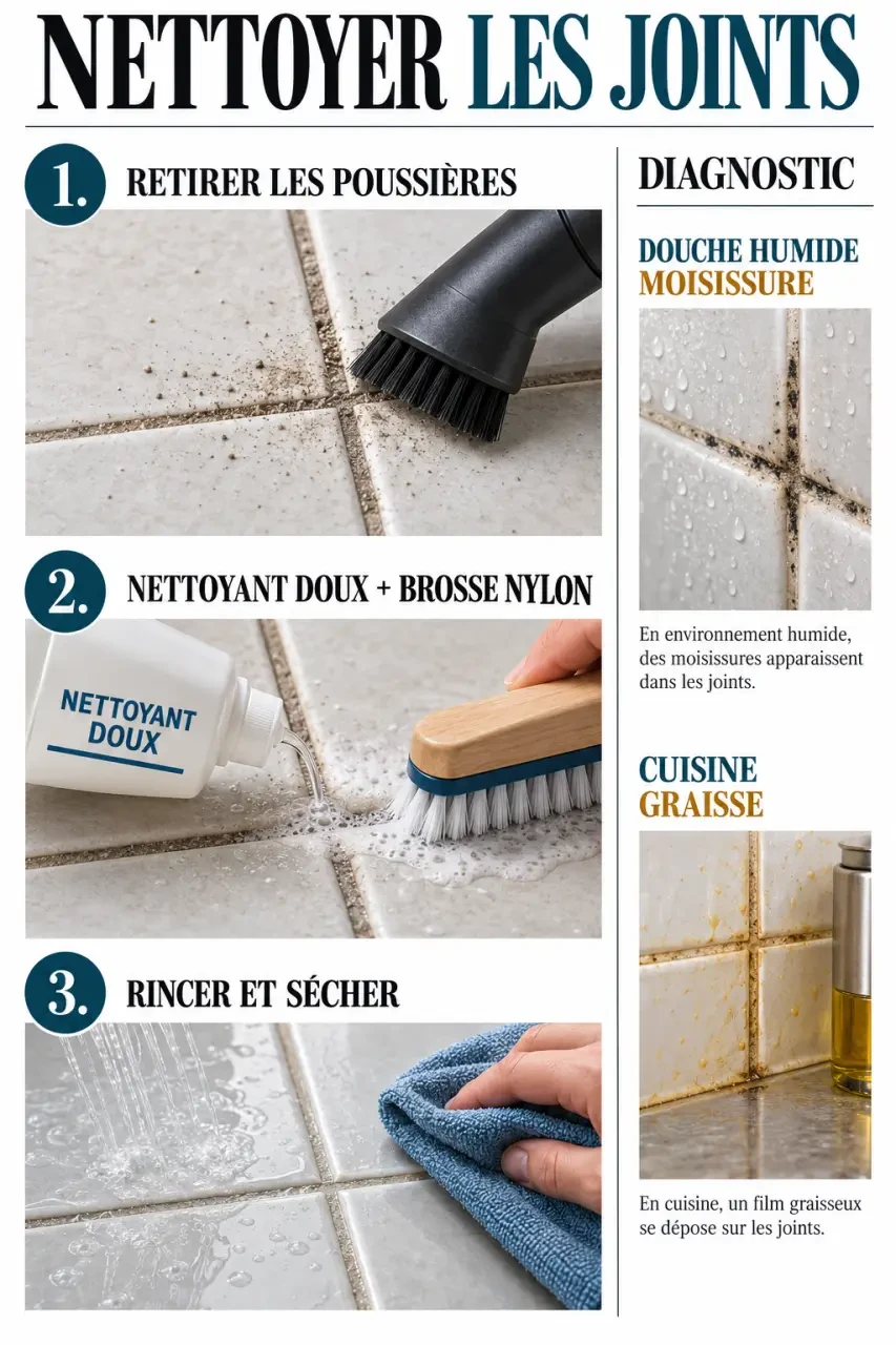 Illustration des étapes du nettoyage de joint de carrelage avec brosse en nylon, rinçage et séchage