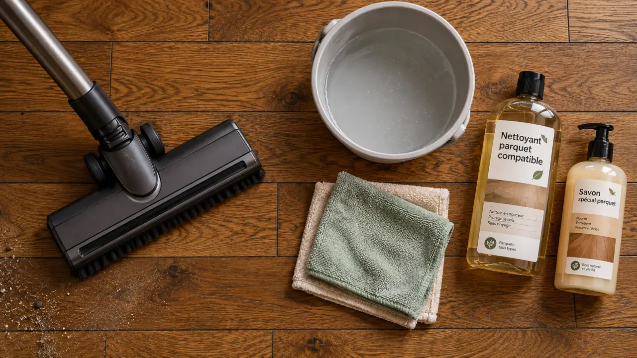 Parquet nettoyage : microfibre essorée et savon, sans eau stagnante