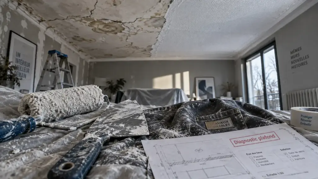 plafond renovation avec fissures et traces d’humidité avant faux plafond